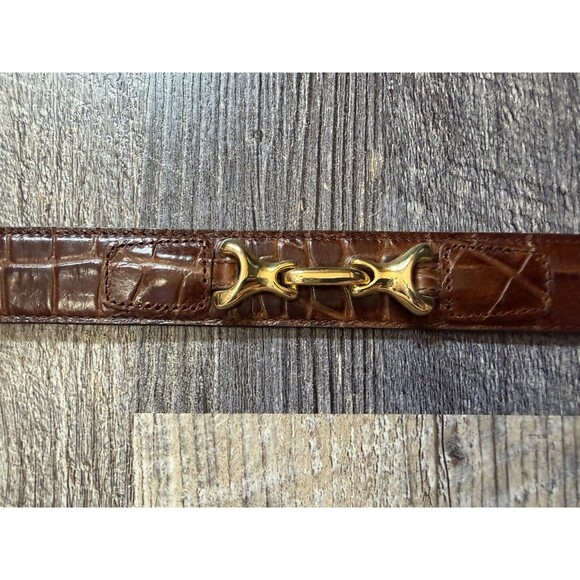 Genuine Leather Croc Embossed Belt Brown Gold Snaffle Bit Equestrian Horsebit L main image 5